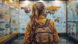 A woman stands in front of a world map and plans a trip