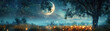 Fantasy summer night scene with a glowing moon, fireflies, and a dreamy landscape, with a banner-sized copy space in the upper portion