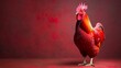   A rooster, in tight focus, atop a red surface against a reddish background and backdrop of a red wall