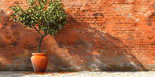 Walls And Pillars Of Ancient Houses Made Of Red Brick., Red Brick Wall With Leaves .  Plants Emerging From An Ancient Brick Wall Background.. 
