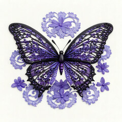 Wall Mural - openwork lace lilac butterfly on a white background.