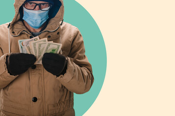 Wall Mural - Young man in medical mask holding pack of dollars and counting money, Price perspective: Close-up of a man and dollars, illustrating the economy's influence on payments