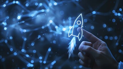 Poster - Hand launching a stylized rocket into digital space, symbolizing startup and innovation. Conceptual tech imagery with a blue hue. AI