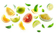 Oranges and lemon lime with half slices falling or floating in the air with green leaves isolated on background, Fresh organic fruit with high vitamins and minerals.