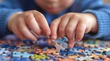 Fototapeta Miasto - Autism and autism Boy's hands connecting a jigsaw puzzle. Autism and other developmental, communication and social behavior disorders.