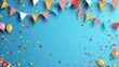Festive background with colorful bunting, balloons and confetti. Ideal for celebrations, parties and events. Bright and cheerful design suitable for invitation cards. AI