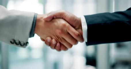 Poster - Meeting, handshake and business people in office for interview, welcome or onboarding for b2b collaboration. Partnership, shaking hands and men in planning for proposal agreement, consulting or deal.