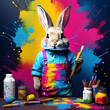 : A shy but determined bunny who loves to paint the world around them, wearing a paint-splattered apron, their vibrant imagination dancing onto the canvas with each stroke. illustration