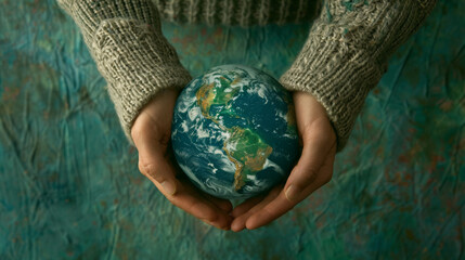 Wall Mural - Hands cradling a painted globe against a green background.