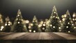 Christmas card with wood table top and blurred christmas trees with lights copy space, Ai Generate