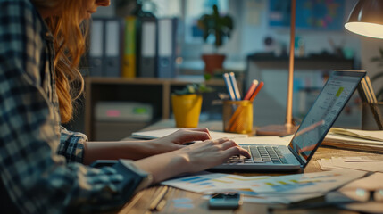 Poster - A close-up view of hands typing on a laptop keyboard, with a desk lamp illuminating the workspace.