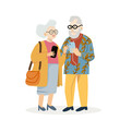 vector hand drawing Two elderly grandparents happily play with their cell phones and social media.