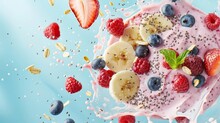 Fresh Fruit Smoothie Bowl Scene With Elements Floating In The Air, Against A Sky Blue Colored Background.