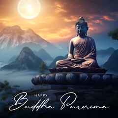 Sticker - Happy Vesak Day Poster Design with Buddha Purnima Statue Vesak Day is a holy day for Buddhists