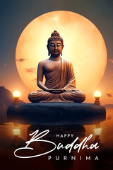 Wall Mural - Happy Vesak Day Poster Design with Buddha Purnima Statue Vesak Day is a holy day for Buddhists