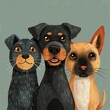 Cute 3 dogs, funky quirky dogs, illustration, happy and sympathetic charisma, cats overlap a bit , plain background,