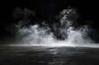 background dramatic scene. Thick clouds or smoke hover above a smooth, reflective surface, possibly water or a polished floor