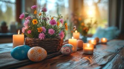 Wall Mural -   A wooden table, adorned with a centerpiece of lit candles, flowers, and eggs in a woven basket