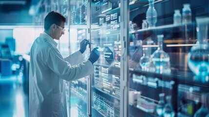Poster - Scientist Examining Bottles on Lab Wall