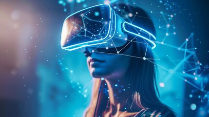 Fototapete - Woman Experiencing Virtual Reality Headset