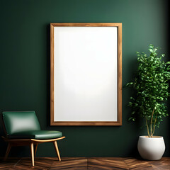 white poster with wood frame close up isolated on wall painted dark green color 