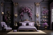 Stylist And Royal Design Of Luxury Bedroom With Dark Interior, Space For Text, Photographic
