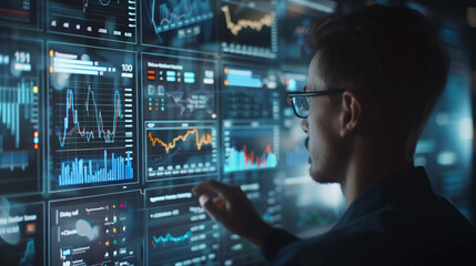 Poster - A man is looking at a computer screen with many graphs and numbers. He is touching the screen, possibly trying to make sense of the data