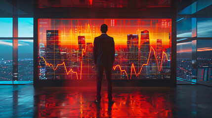 Poster - A man stands in front of a large screen that shows a city with red and orange lines. The man is looking at the screen with a serious expression. Concept of urgency and importance