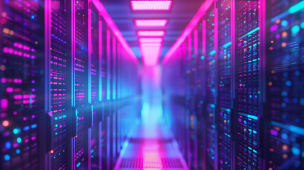 Poster - A computer server room with neon lights and a blue and purple hue. The room is filled with rows of servers and the lights are on