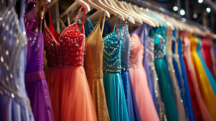 A rack of colorful prom dresses in various colors and styles