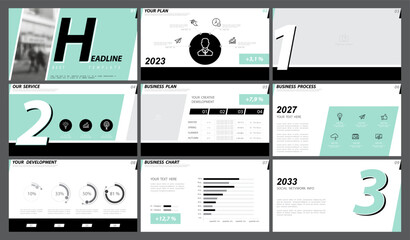 Business presentation template. Set, design elements of infographics, white background. Flyer, postcard, corporate report, marketing, advertising, banners. Slideshows, powerpoint, annual report. Vecto