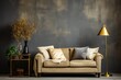 stylist and royal Living room in beige tones with a sofa, a floor lamp, a wooden table and a gold side table