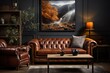 stylist and royal living room with brown leather sofa, space for text, photographic