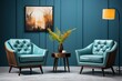 stylist and royal loft and vintage interior of living room, Blue armchairs on white flooring and blue wall