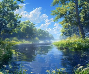  A serene summer scene with a river flowing through a lush green forest, surrounded by wildflowers and a blue sky. Generative AI