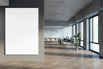 Aufkleber - Modern coworking office interior with empty white mock up poster, furniture, windows and equipment. Workplace concept. 3D Rendering.