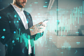 Poster - Headless young businessman using smartphone with growing blue forex chart and map hologram on blurry office interior background. Banking, invest and financial growth concept. Double exposure.