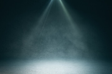 Aufkleber - Dramatic light beams on dark stage with smoke, ideal for performance and announcement background. 3D Rendering
