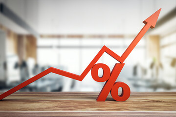 Poster - Increasing percentage icon on blurry office background. Red arrow and percent sign growing on wooden desk. 3D Rendering.