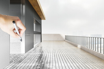 Aufkleber - Creative process of architectural design with a hand sketching over a modern balcony. Innovation concept