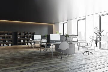 Poster - A spacious, modern office interior with stylish desks, chairs, and bookshelves, large windows, and a wooden floor, concept of a corporate workplace. 3D Rendering
