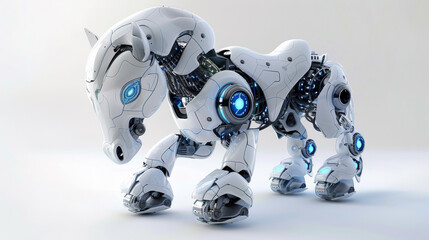 Wall Mural - A white robot horse with blue eyes and a light up head, AI