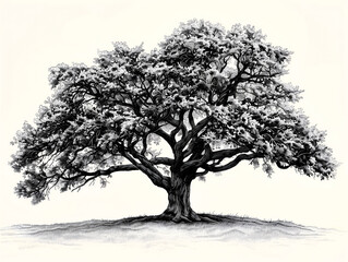 Wall Mural - black ink drawing set of an oak tree, white background