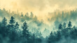 Foggy forest with tall trees in the style of green and blue