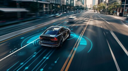 Aufkleber - Electric Car in Autonomous Driving Mode on Street at Dusk
