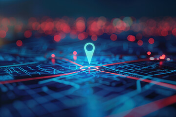 Poster - Abstrakt futuristic  Background with location pin icon on a virtual map. Blue and red lights. Background image. Created with Generative AI technology.