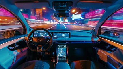 Poster - Nighttime Drive Through a Vibrant Cityscape in an Autonomous Vehicle
