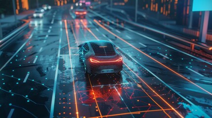 Poster - Futuristic Car Driving Through City Street