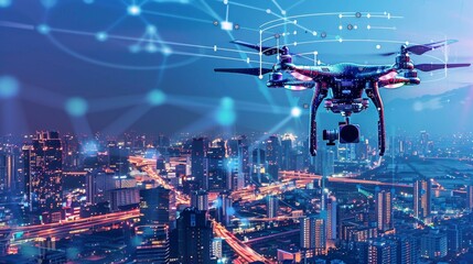 Poster - Drone Overlooking Bustling Cityscape at Twilight