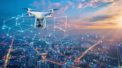 Poster - Drone Technology Over a Bustling City at Twilight